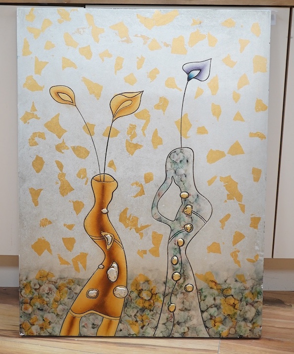 Contemporary abstract panel, stylised flowers, 80 x 60cm, unframed. Condition - fair, some minor chipping